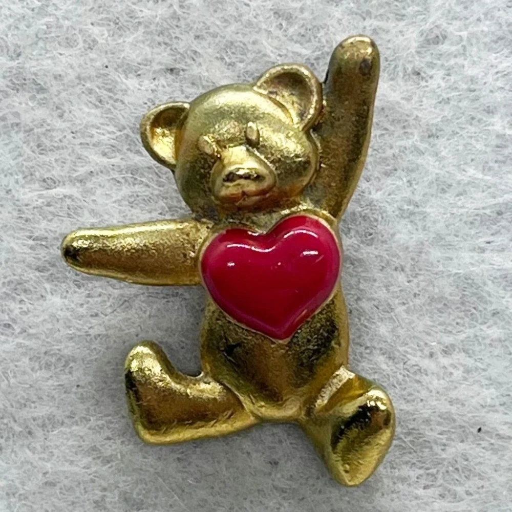 🔮 5/$25 Vintage Gold Tone Teddy Bear‎ Heart Pin